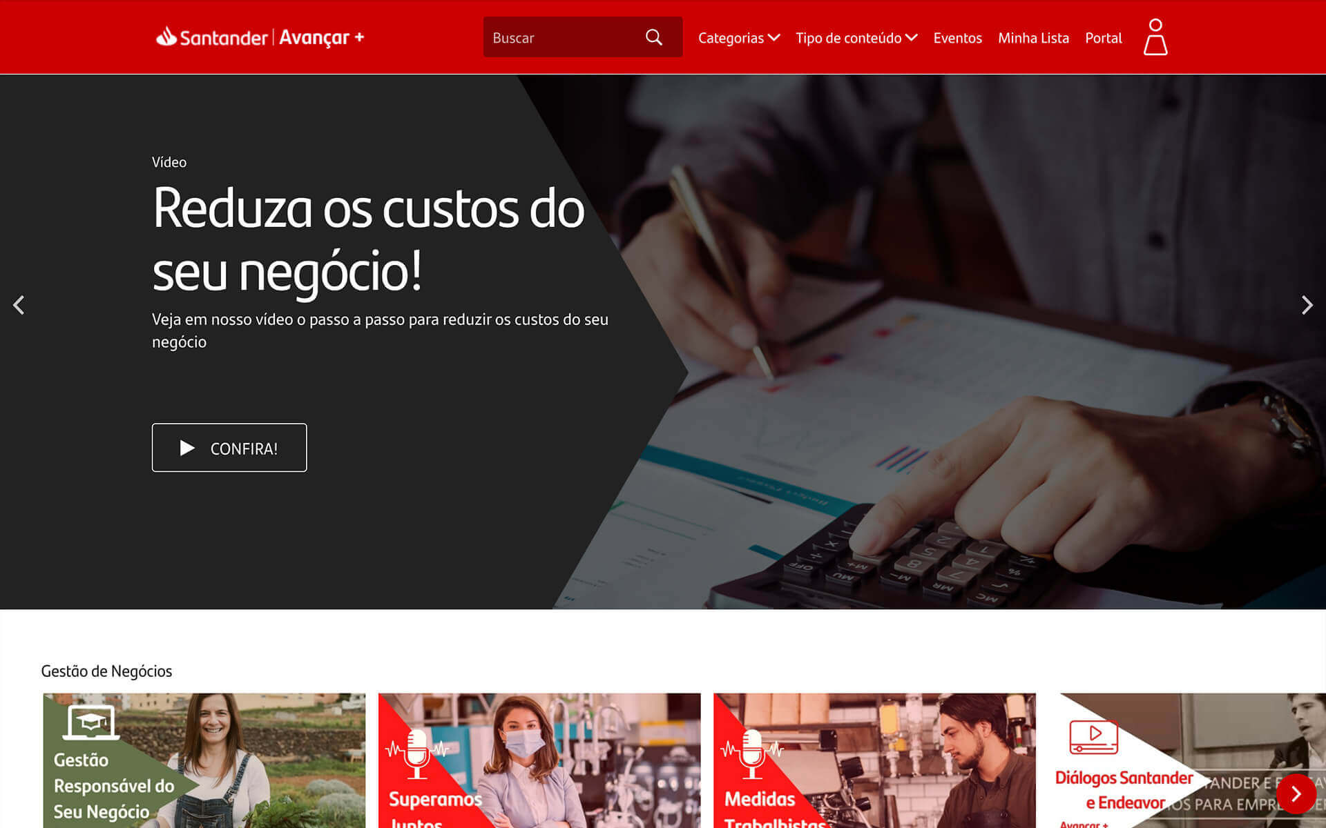 Página inicial plataforma de marketing de conteúdo Santander