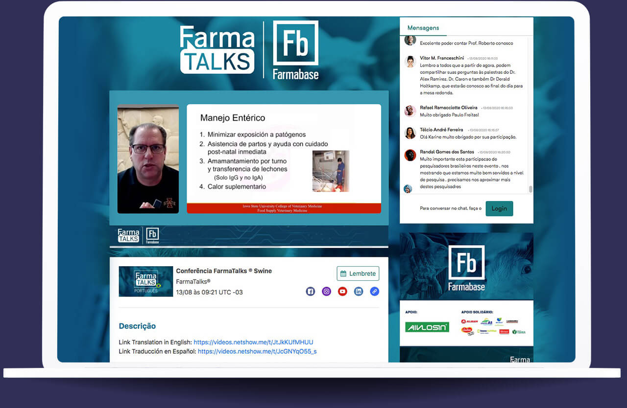Tela de transmissão ao vivo do evento Farma Talks